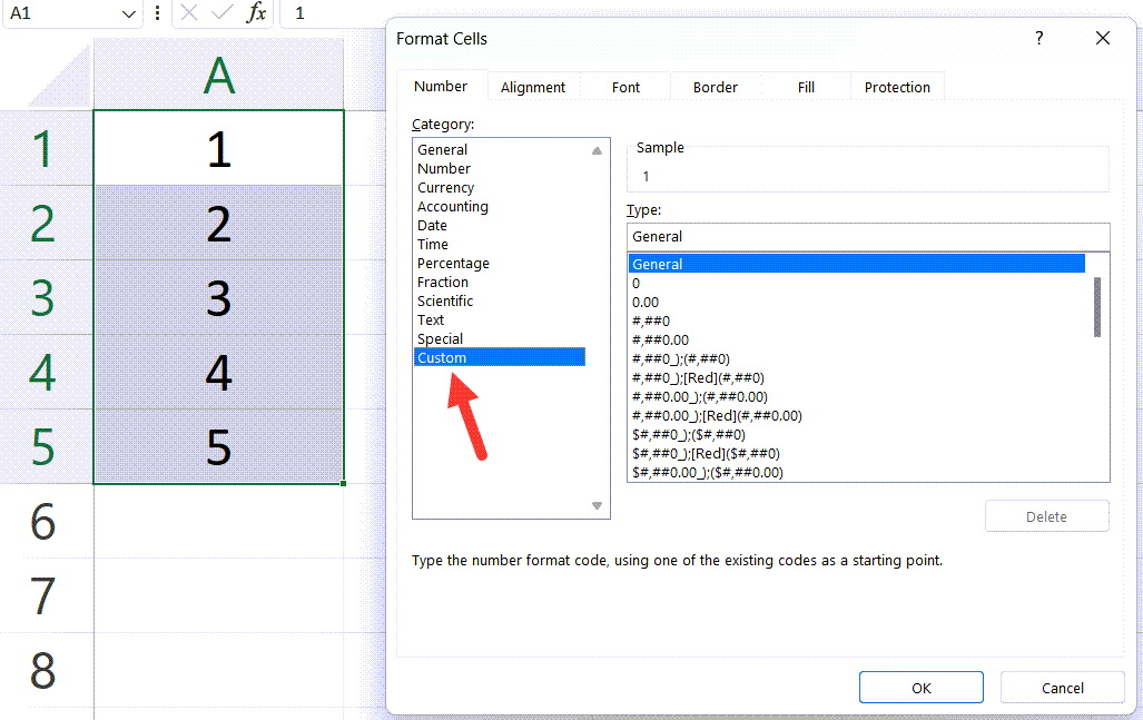 انتخاب تب Custom در پنجره Format Cells